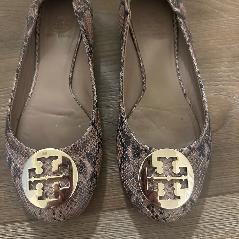 Tory Burch Gold Logo Snake Print Flats
